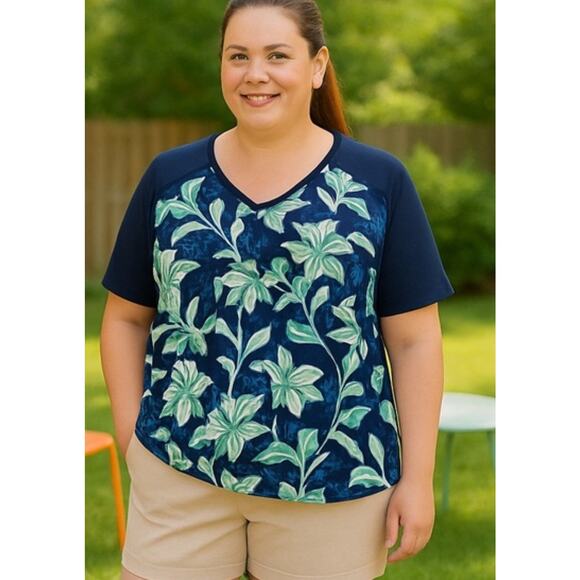 Chico’s sz 4 XXL Chicos Navy Blue Floral eyelet sleeves Top Navy floral 20 22 - Picture 1 of 13